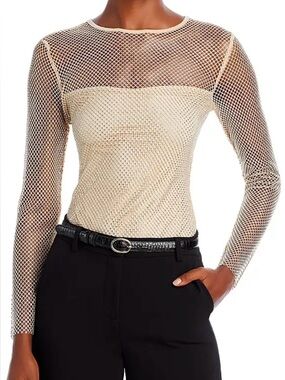 NEW WITH TAGS: AQUA Crystal Mesh Long Sleeve Top Off White, XS